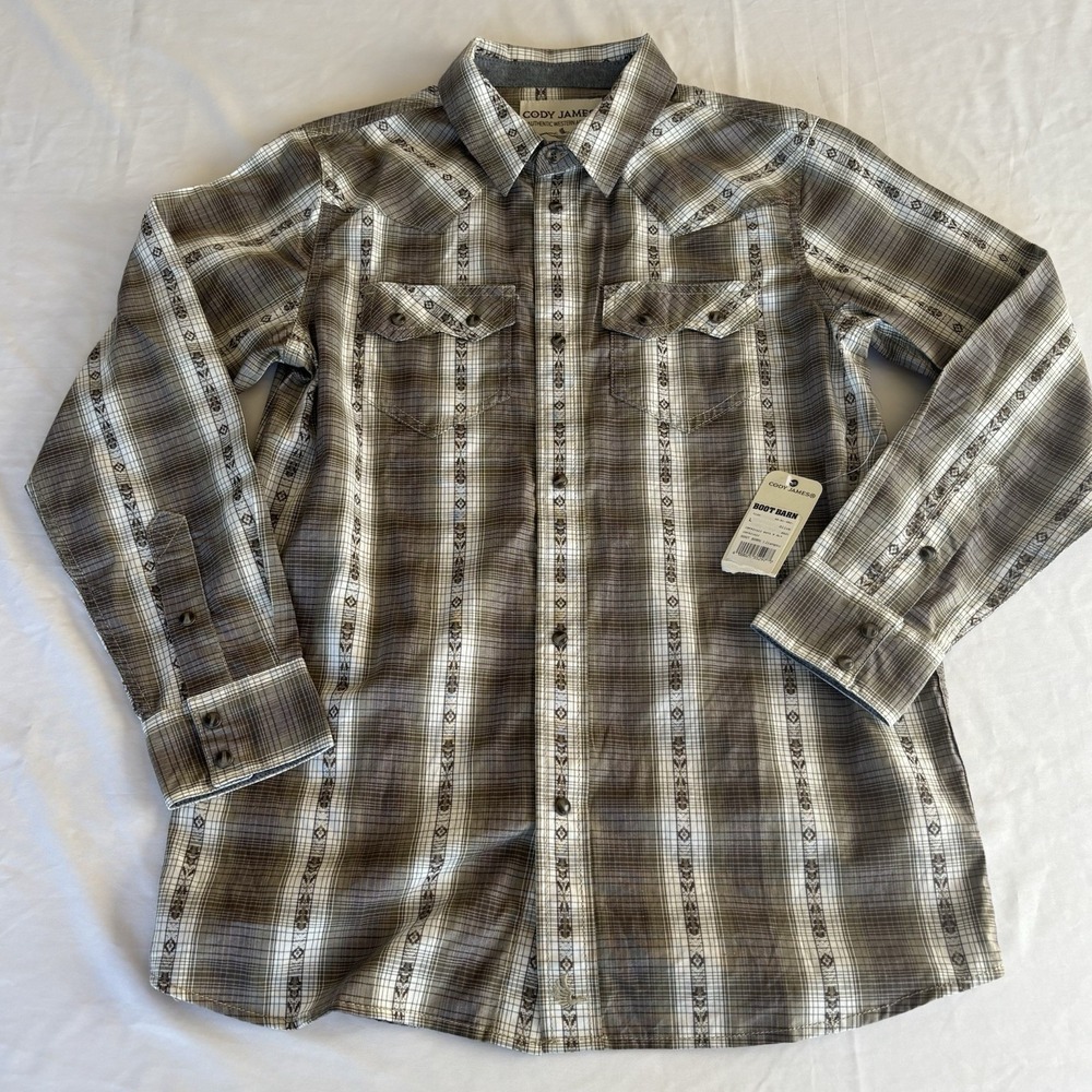Cody James Kid's Size Large Brown Plaid Snap Up Western Long Sleeve Shirt